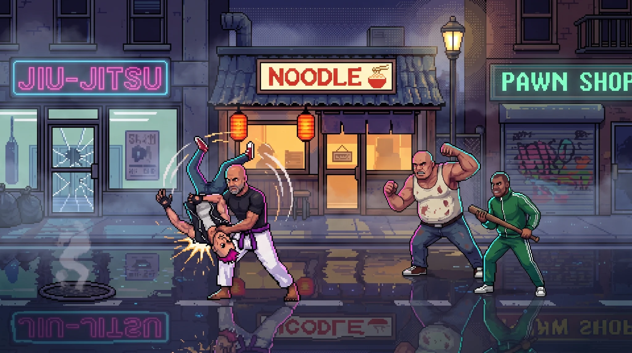 Amechi throws the Punk on a rainy street outside his jiu-jitsu academy, while the Brute and the Bat close in